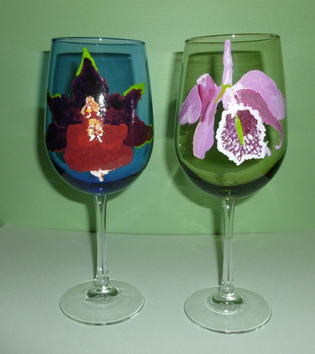 2 Orchid large colored Wine golbets $90
