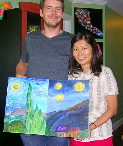 Lisa & partner with Van Gogh paintings at her birthday  workshop